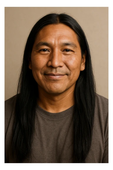 Native Indigenous man with long black hair and brown skin, gentle smile, wearing a simple shirt, minimal background sticker