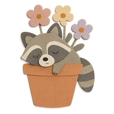 a sleepy raccoon inside a flower pot with a few flowers inside the pot, pastel earthy colors, paper craft style sticker