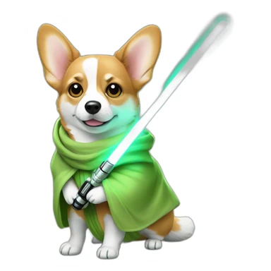 Corgi dress as yoda with one light saber green sticker