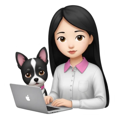 Blue back ground, Asian girl with long black hair , wearing a white shirt, working on an Apple laptop, next to her is a small black and white dog with pink collar on  sticker