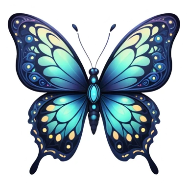 Dark, glowing, bio-luminescent butterfly, with intricate patterns, detailed markings sticker
