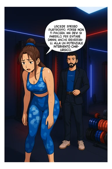 fai questa immagine in versione fumetto/manga/webtoon a colori, il manga mostra l'uomo che risponde alla donne:
Succede spesso purtroppo. 
Forse non ti piacerà ma devi saperlo, per evitare danni, anche irreversibili, alla colonna vertebrale e un potenziale intervento chirurgico. sticker