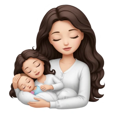 White Barbie girl dark brown long wavy hair in white clothes sleeping with white baby at cream bed, eyes are closed sticker