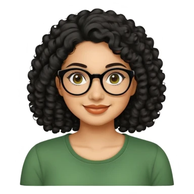 Hispanic woman in her 20s with caramel skin tone. Round face with prominent cheeks and dimples. Dark eyes with black thick-framed glasses. Shoulder-length curly black hair with defined curls. Wide sincere smile. Wearing a green casual top. sticker