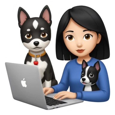 Asian girl with black hair working on an Apple laptop, next to her is a black and white dog sticker