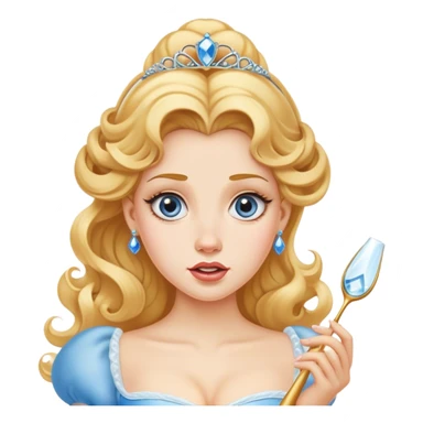 Cinematic Funny Cinderella Portrait Emoji, Stunned expression as she holds a glass slipper much too big, one eyebrow raised, golden curls slightly messy, a mix of royal grace and unexpected humor, capturing a lighthearted twist on her fairy tale moment! sticker