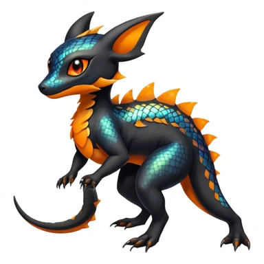 Colorful Iridescent Exotic Black and Orange Salandit-Aurorus-Umbreon-Fakémon-hybrid-creature (full body)  sticker