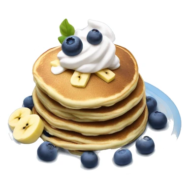 Blueberry pancakes with whip cream and 1 banana sticking in the top sticker