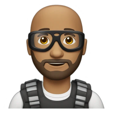 brown bald guy with black goggles with beard sticker