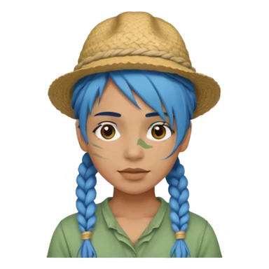 messy green full face clay mask and tourist hat blue hair braid sticker