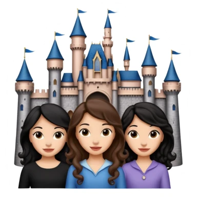 Quiero que crees una imagen donde este el castillo de Disney y por detrás o delante pon a 4 chicas: una con el pelo largo rizado marrón , otra con el pelo muy corto negro, otra con el pelo mediano liso marrón y otra con el pelo negro largo liso sticker