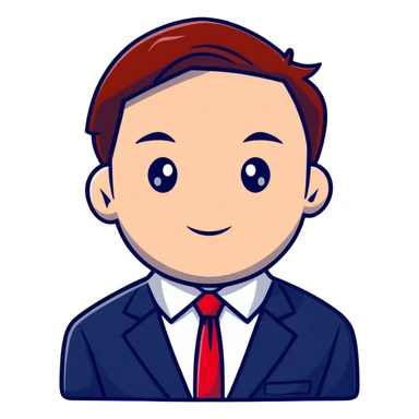 man wearing a dark blue-gray business suit with a white shirt and a red tie sticker