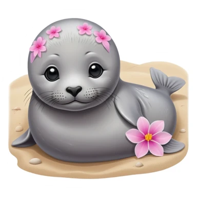 A small, slim baby seal resting gracefully on a sandy beach, with a delicate pink flower placed on its head.  Grey color sticker