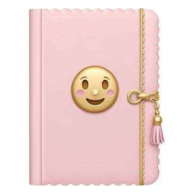 Cute pastel emoji illustration of a soft pink journal with scalloped edges, tiny gold dot details, and a small tassel charm, cozy and elegant stationery vibe sticker