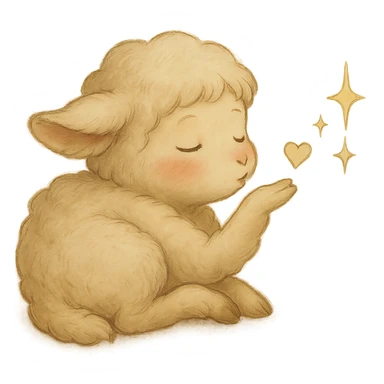 Make the vanilla-colored cloud doe appear curled up, with rosy cheeks, blowing a kiss with sparkles, in a soft Ghibli style, with no background. sticker