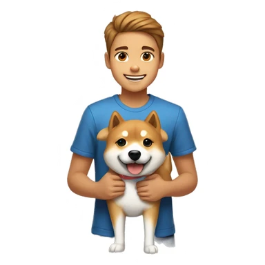 Light brown hairs boy with brown eyes and wide brows 12 years smiling and holding with dog shiba inu  sticker