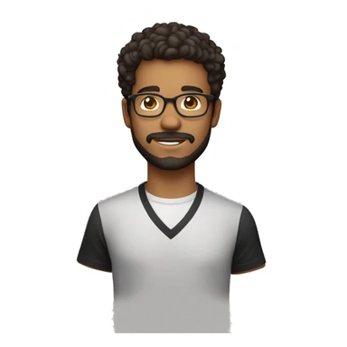 Jeune professeur cheveux noirs, yeux marrons foncés, à lunettes et barbu, avec une chemise noire et un t-shirt blanc sticker