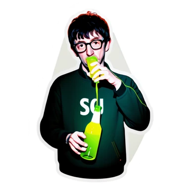 Blur guitarist Graham Coxon is drinking korean green bottle soju by right hand. sticker