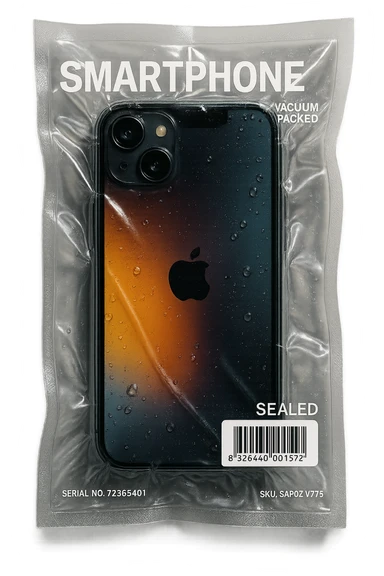 vacuum-sealed smartphone, tightly wrapped in glossy plastic sticker