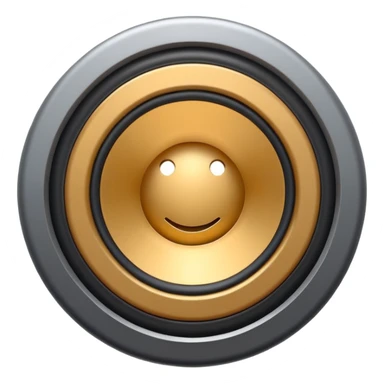 Minimal emoji icon of a modern metallic speaker, front view, detailed geometry, dark metallic body, subtle highlights, isolated sticker