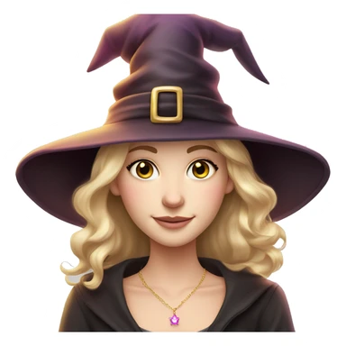 Witchy darkblonde haired hazel eyed light freckles white girl with a witty smile a gold necklace and a pink witch hat sticker