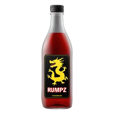 clear bottle with yellow dragon on a black and red label that says “RUMPZ” alcohol sticker