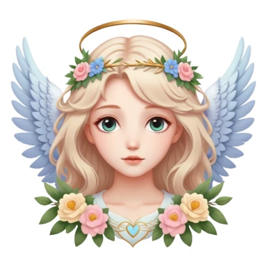 Dreamy divine godly pretty pastel anime flowers feathers hearts wings angelic laurel lady with pretty hair and gorgeous eyes aesthetic sticker