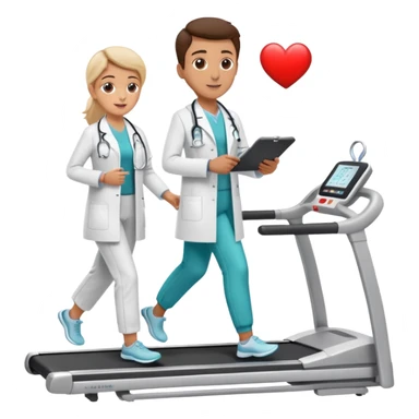patient on a treadmill, doctor with clipboard supervising, heart monitor in background sticker