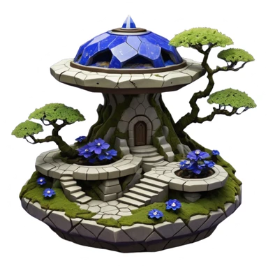  Alien saucer-castle jungle winding trail mountainside getaway haunted nighttime hobbit landscape antique mudman very old broken cracked intricately detailed Stone Age lapis-crusted irregular dodecagon-shaped shallow dark moss rough bark violet flowered maple bonsai Saikei coffee table-sized pot  sticker