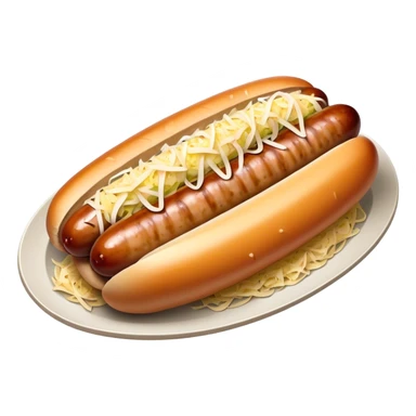 Bratwurst Cinematic Realistic Bratwurst Dish Emoji, depicted as a grilled bratwurst topped with a generous serving of shredded sauerkraut, rendered with rich textures and dynamic, appetizing lighting. sticker
