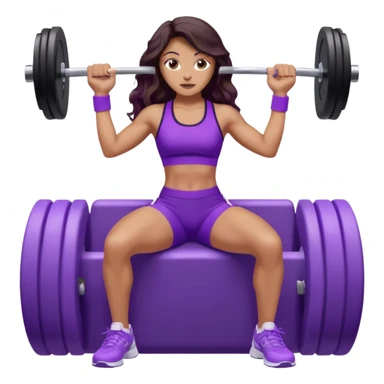 mujer de tez trigueña, con cabello castaño oscuro ondulado hasta la cadera estilizado, con ropa deportiva morada/lila, tenis blancos deportivos y levantando una pesa sticker