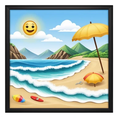 scene emoji beach, parasol, wave, eco-friendly habitat, mountains in background sticker