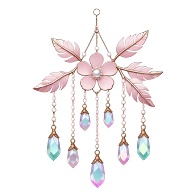 Hanging Iridescent pastel pink sakura crystals white-pearly suncatcher with bells and feathers sticker