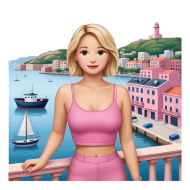 jennifer lawrence, pink crop top leaning on a balcony with a harbor and cityscape in the background, smiling sticker