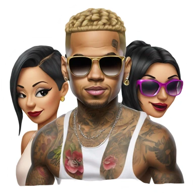 Hyper Realistic Chris Brown  wearing sunglasses with 2 female tattooed dancers sticker