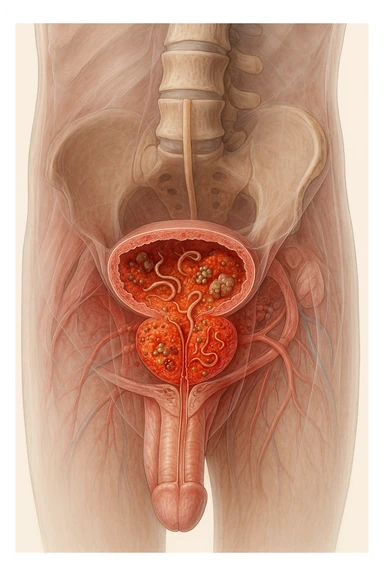 Vertical, hyper-realistic 3D cutaway illustration: the human body is shown in semi-transparent layers, exposing various types of problemi alla prostata a causa dei parassiti sticker