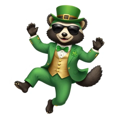 friendly anthropomorphised honey badger in a classic leprechaun suit with shamrock accessories, wearing sunglasses, jumping, St. Patrick's Day, no beer sticker