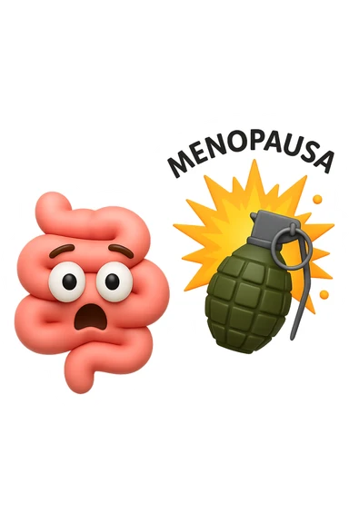 EMOJI STILE IPHONE 3D DI INTESTINO 3D CON ESPRESSIONE SCIOCCATA IN VOLTO MENTRE ACCANTO A LUI SCOPPIA UNA GRANATA 3D CON LA SCRITTA "MENOPAUSA" SOPRA, FAGLI ANCHE LA PARTE BIANCA DEGLI OCCHI, NON SOLO LA PUPILLA sticker