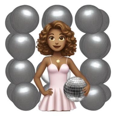 female with brown wavy hair dressed in a party dress and disco ball sticker
