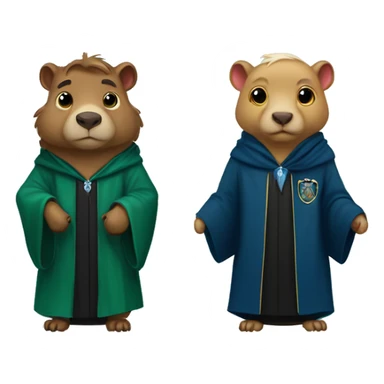 2 capybaras one with ravenclaw robe and the other with Slytherin robe sticker