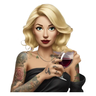 Blonde elegant women, her body covered with tattoos, wine in her one hand, pointing forward with her other hand , Hyper realistic sticker