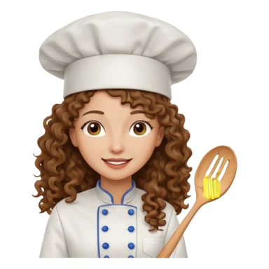 Long curly hair, happy, wearing chef uniform and chef hat sticker