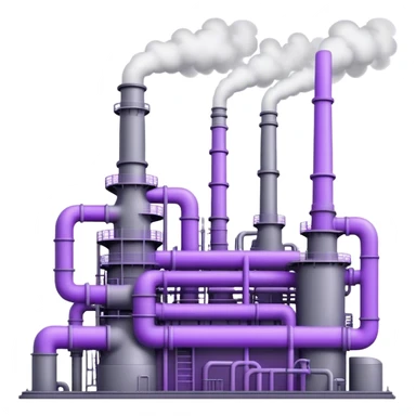 An emoji of an industrial factory in realistic gray tones, with pipes and smokestacks. Instead of smoke, soft neon violet energy or light particles flow out, symbolizing AI power and efficiency sticker