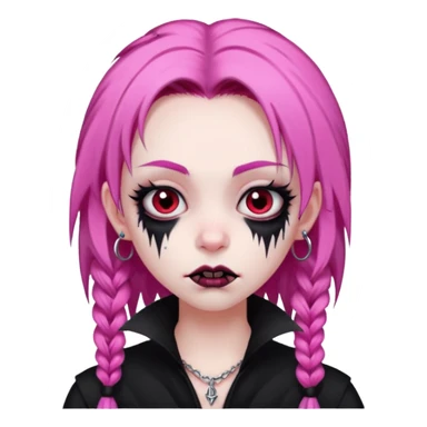 girl, pale black vampire, pink hair, very long, shaggy, dark, spooky,double eyebrow dermal piercing, creepy expression sticker
