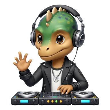 Dinosaurio muy tierno músico DJ con ropa negra futurista con nombre verexxo  sticker