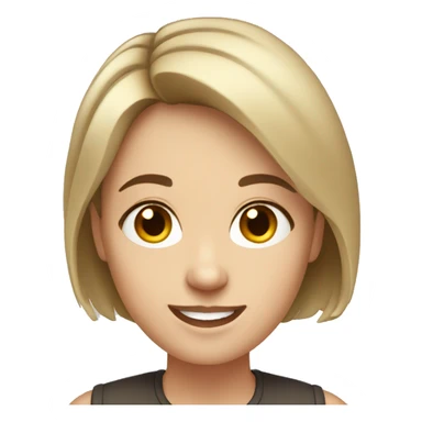 White woman with short brown hair and dark eyes. She's smiling and has a round face sticker