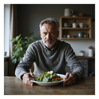 realistic 4K image of a 40-year-old man sitting at a table with a plate of salad, looking disheartened towards a scale, natural light atmosphere sticker