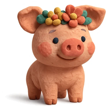 playful and cute piglet with a flower crown, textured look, claymation style sticker