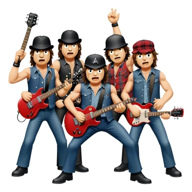 Cinematic Realistic AC/DC Band Emoji, depicted as a high-energy rock ensemble with electrifying stage presence and gritty textures, rendered with bold vibrant lighting that captures the raw power and rebellious spirit of their music. sticker