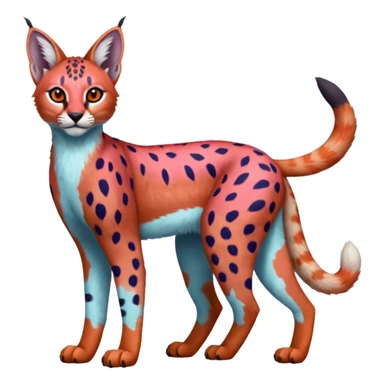 Colorful bluish cute adorable tropical exotic fruity rosy neon-red Caracal-Cheetah-Serval-Snow-Leopard-Trico-Sergal-Vernid-fusion-hybrid-animal-creature, full body, with tribal markings sticker